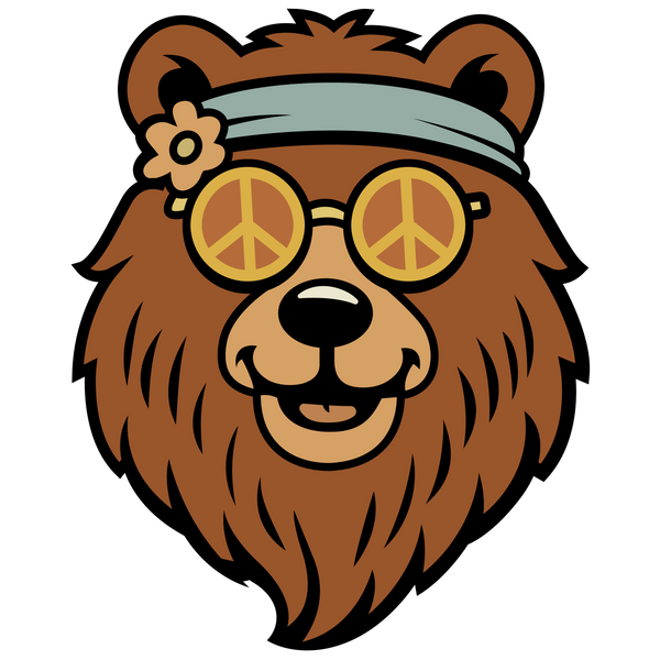 Cartoon bear wearing peace sign sunglasses and a headband with a flower on a white background